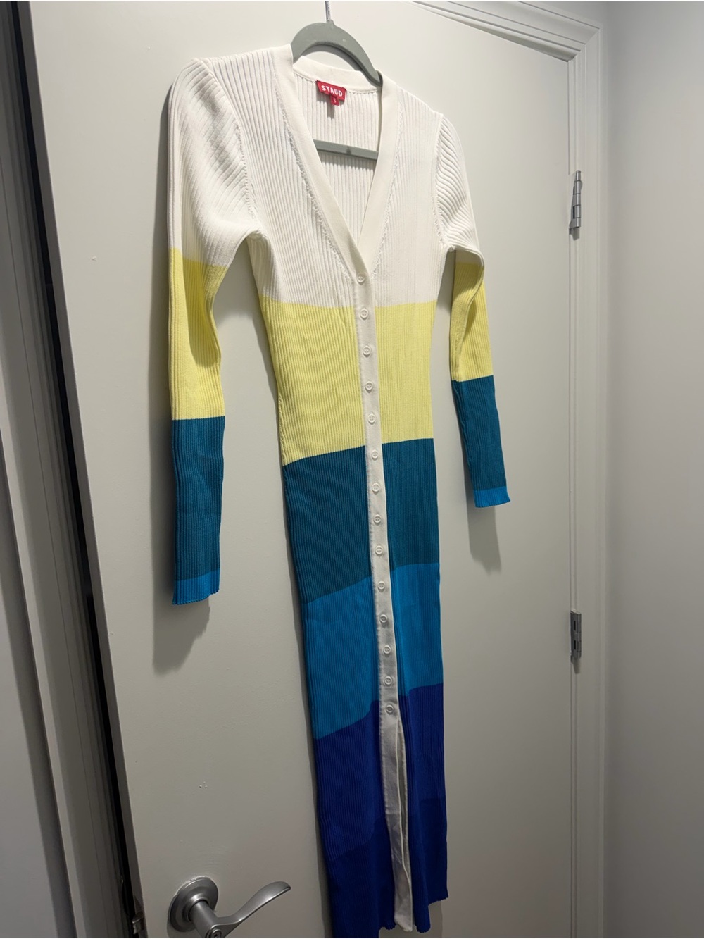 STAUD Colorblock Long Ribbed sweater dress  - White, Yellow, Teal, Blue